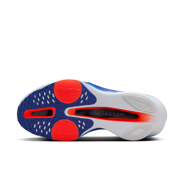 The outsole of a Nike Alphafly 3 running shoe with red and blue accents on a white background.