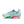 Medial side of a light blue running shoe with pink and green accents on a white background.