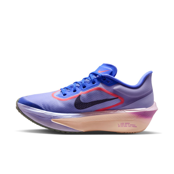 Purple and blue running shoe with Nike logo on a white background