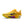 Medial side of a yellow running shoe with a colorful sole on a white background.