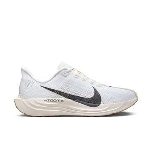 The lateral side of this men's Nike Pegasus Plus looks very clean with a white upper and black swoosh