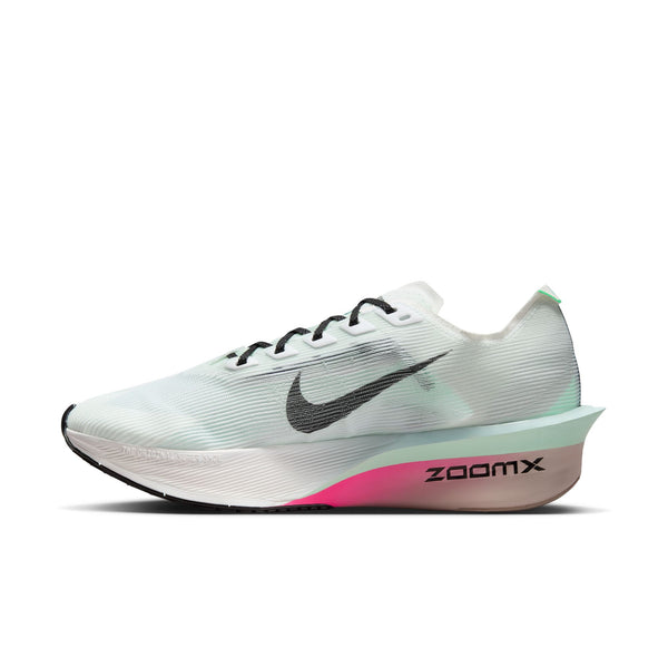 Medial side of a white running shoe with black swoosh logo on a white background.