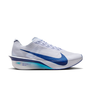 White running shoe with blue swoosh logo on a white background.