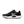 Black running shoe with white sole on a white background.