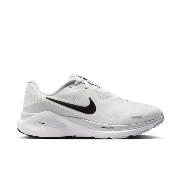 White running shoe with black Nike logo on a white background.