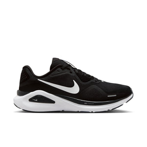 Black running shoe with white sole on a white background.
