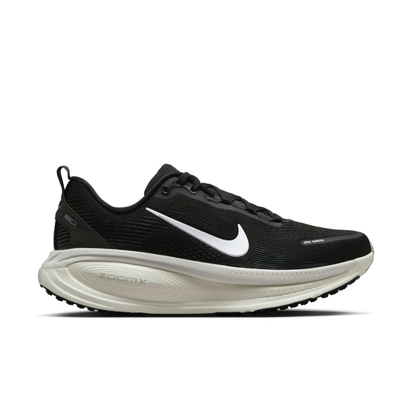 Black running shoe with white Nike logo on a white background.