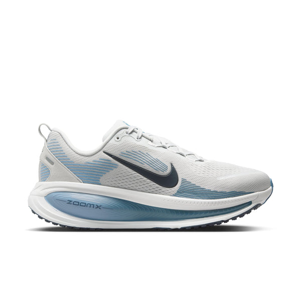 White running shoe with blue accents on a white background