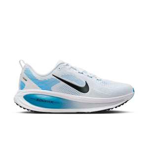 A mens Nike Vomero 18 running shoe with a mostly white upper and a black swoosh.