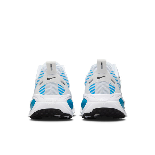 White  and blue mens Nike running shoes with blue accents and Nike logo on a white background