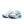 White and blue athletic shoes with Nike logo on a white background