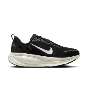 Black running shoe with white Nike logo on a white background.