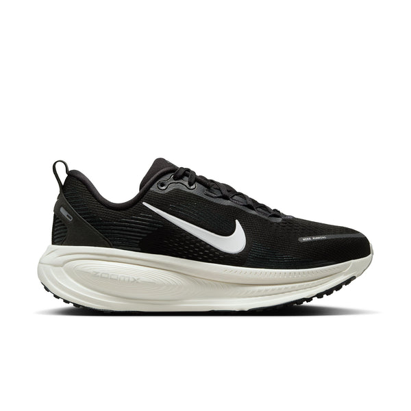 Black running shoe with white Nike logo on a white background.