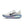 White running shoe with blue swoosh logo on a white background