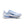 Blue running shoe with white sole on a white background