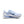 Blue running shoe with white sole on a white background
