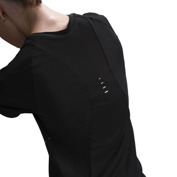 Black long-sleeve shirt with a small white logo on the chest against a white background