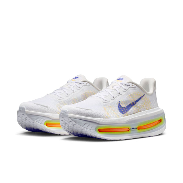 A pair of Men's white running shoes with colorful midsole on a white background