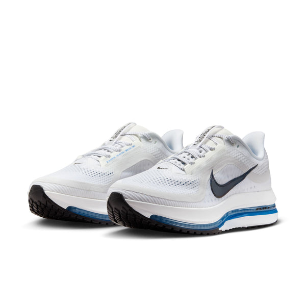 White running shoes with blue accents on a white background.