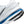 Close-up of a white Nike running shoe with blue sole on a white background.