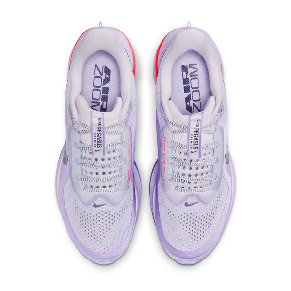 Pair of white and purple running shoes on a white background.