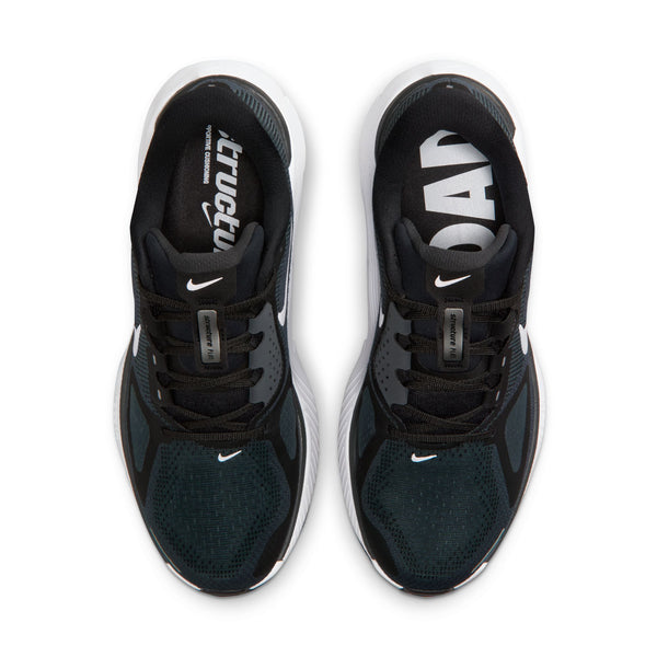 Black and white athletic shoes with visible brand logos on a white background.