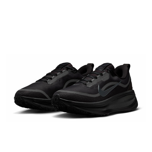 Black running shoes with a Nike logo on a white background.