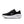 Black running shoe with white sole on a white background.