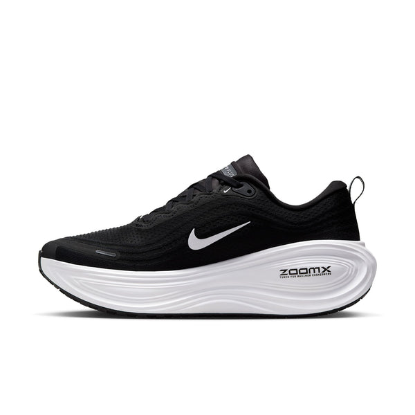 Black running shoe with white sole on a white background.