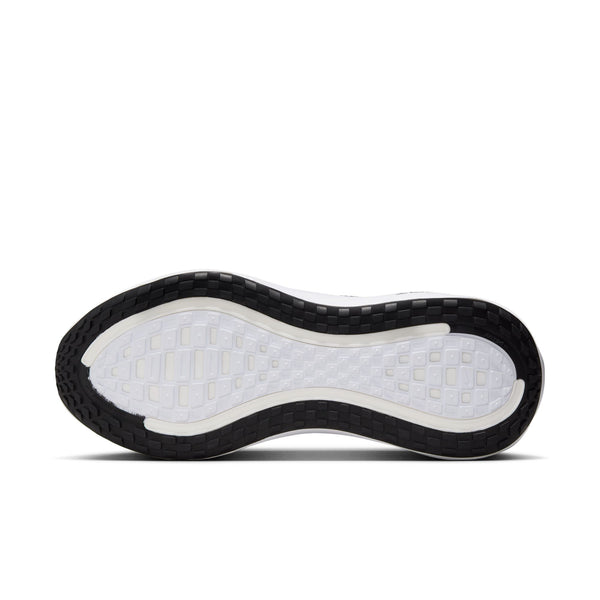 Close-up of a shoe sole with white tread pattern on a white background.