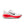 White running shoe with red sole on a white background.