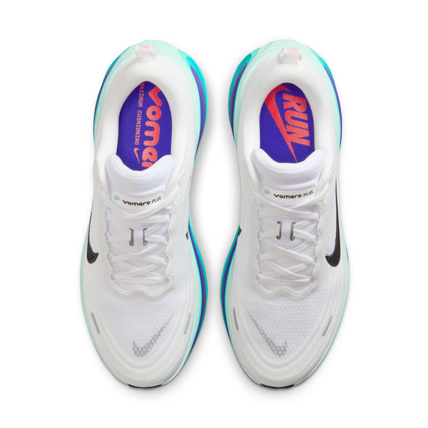 White running shoes with blue accents on a white background.