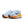 Pair of light blue running shoes with orange soles on a white background