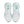 Top down look at a pair of white sneakers with teal accents on a white background.