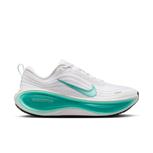 White and teal running shoe with 'ZoomX' on a white background.