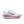 A Nike running shoe in white with a metallic silver Swoosh and a pink ZoomX midsole accent, shown on a white background.