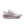 A Nike running shoe in white with a metallic silver Swoosh and a pink ZoomX midsole accent, shown on a white background.