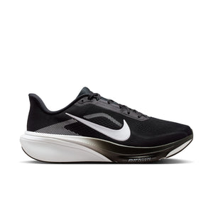 Black running shoe with white sole on a white background