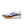 White running shoe with orange sole on a white background