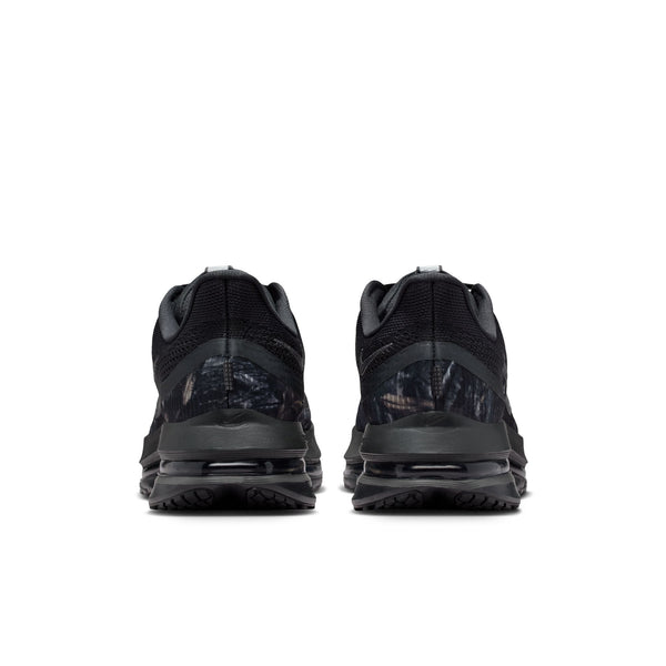 The heel area of the Nike shoes have a camo print on a tonal black shoe.