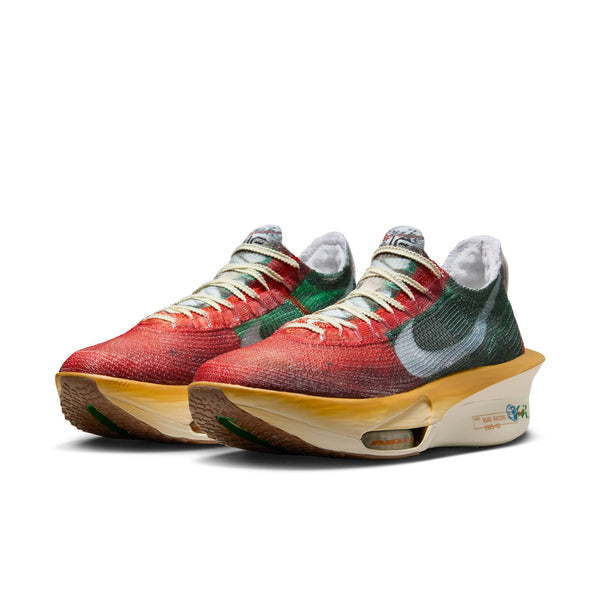 Colorful Nike running shoes with a white background.