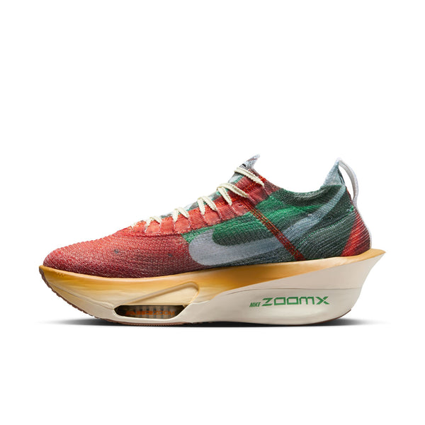 Multicolored running shoe with 'ZoomX' sole on a white background.