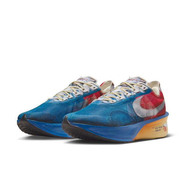 Colorful running shoes with a blue sole on a white background.