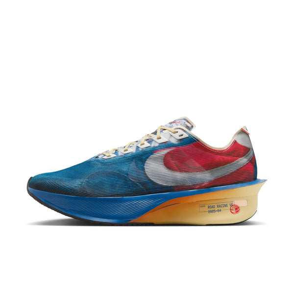 Blue and red running shoe with a unique sole design on a white background.