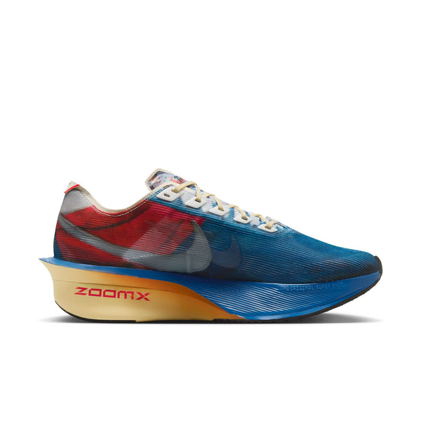Multicolored running shoe with 'Zoomx' branding on a white background.