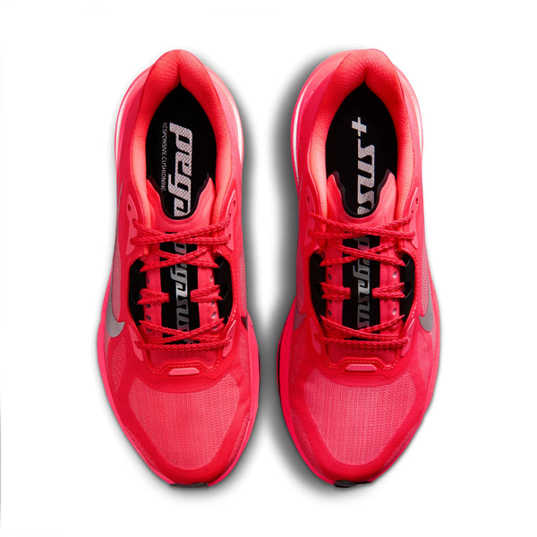 Red running shoe with black swoosh logo on a white background