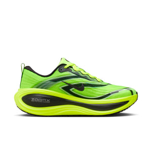 Bright green running shoe with black accents on a white background