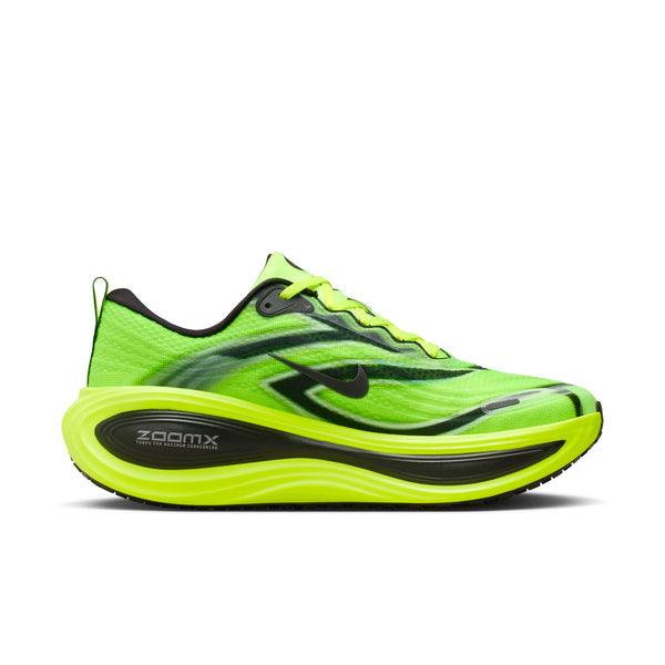 Bright green running shoe with black accents on a white background