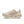 Medial side of a beige running shoe with a white sole on a white background.