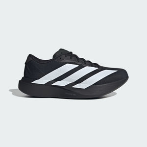 Black Adidas sneaker with white stripes on a light gray background